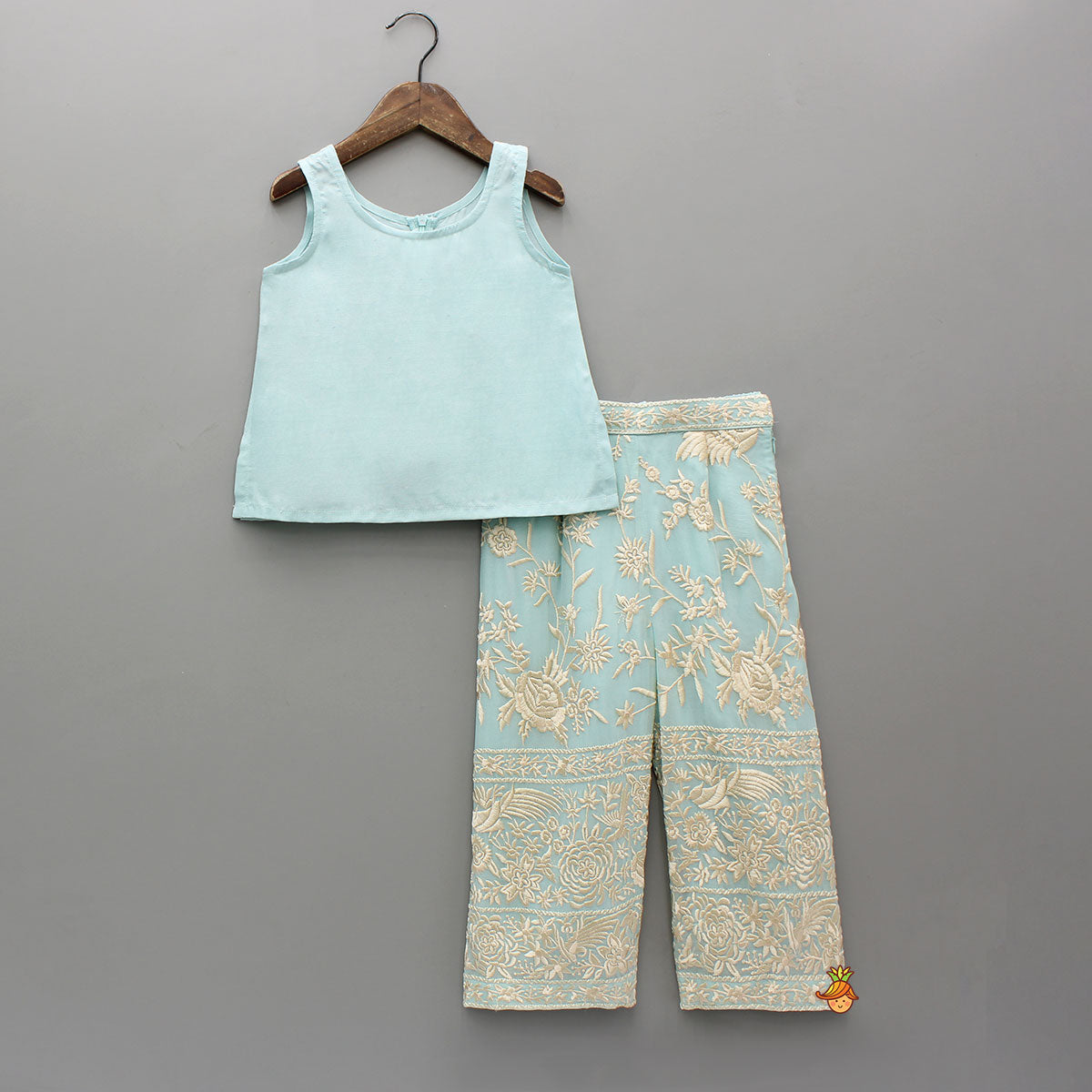 Pre Order: Blue Top With Pom Poms Detailed Embroidered Cape And Palazzo