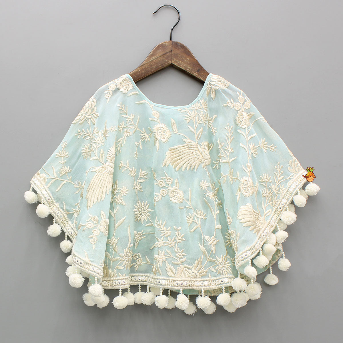 Pre Order: Blue Top With Pom Poms Detailed Embroidered Cape And Palazzo