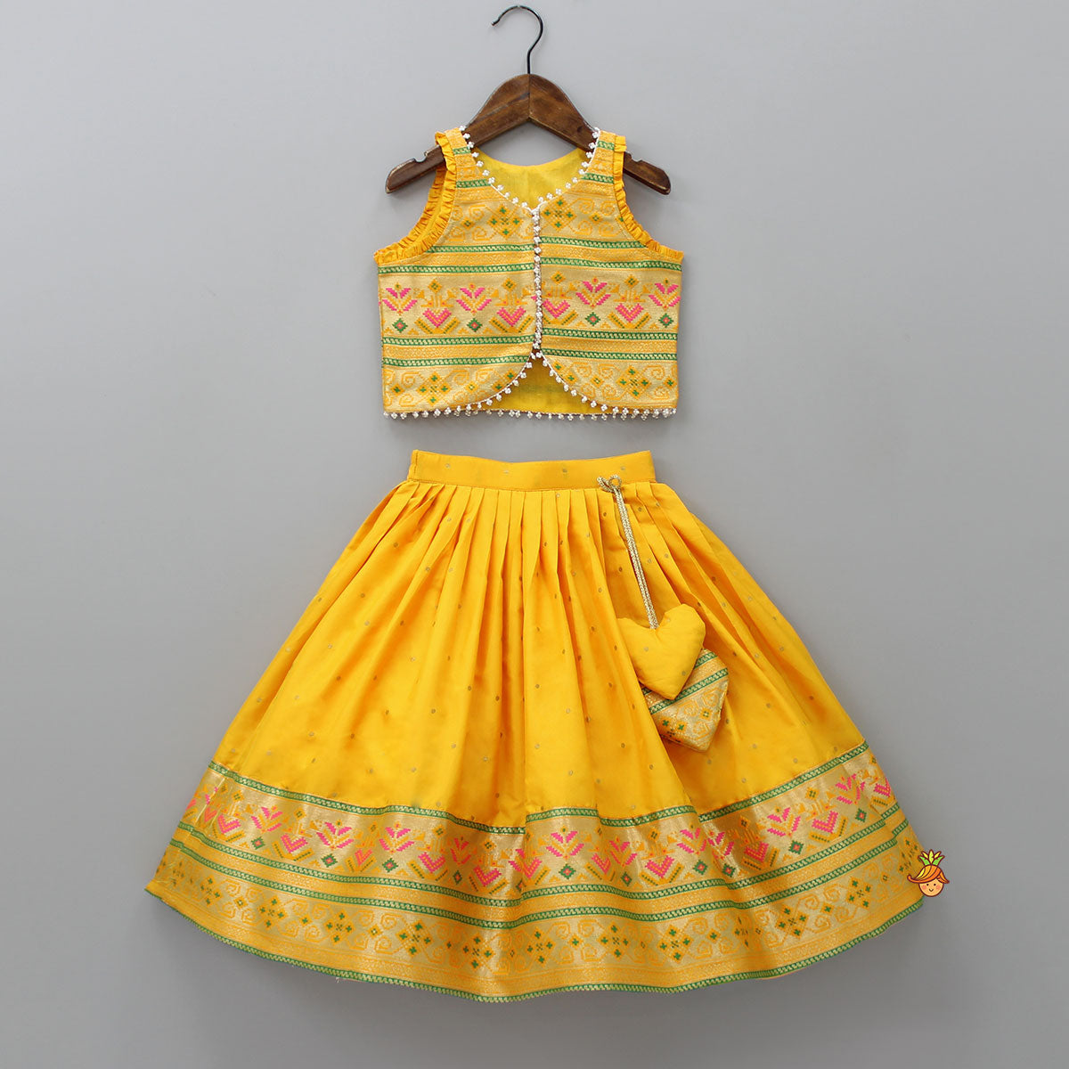 Pre Order: Front Open Brocade Mustard Top And Lehenga