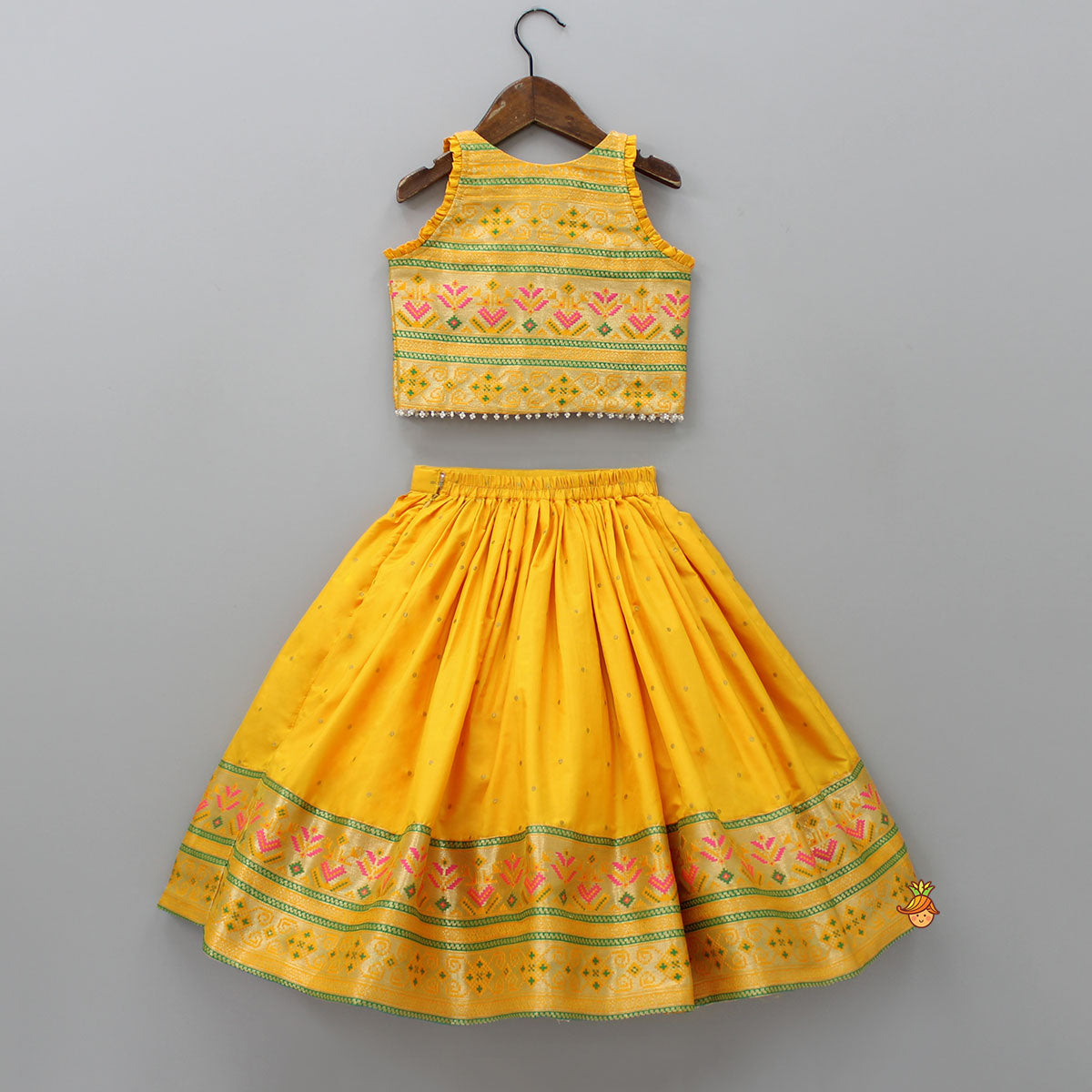 Pre Order: Front Open Brocade Mustard Top And Lehenga