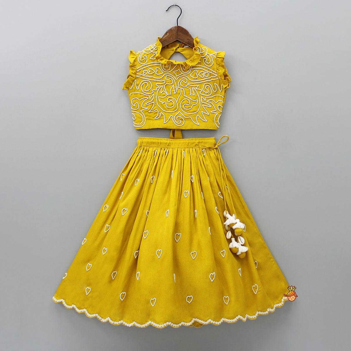 Pre Order: Ruffle Neckline Mustard Top And Lehenga