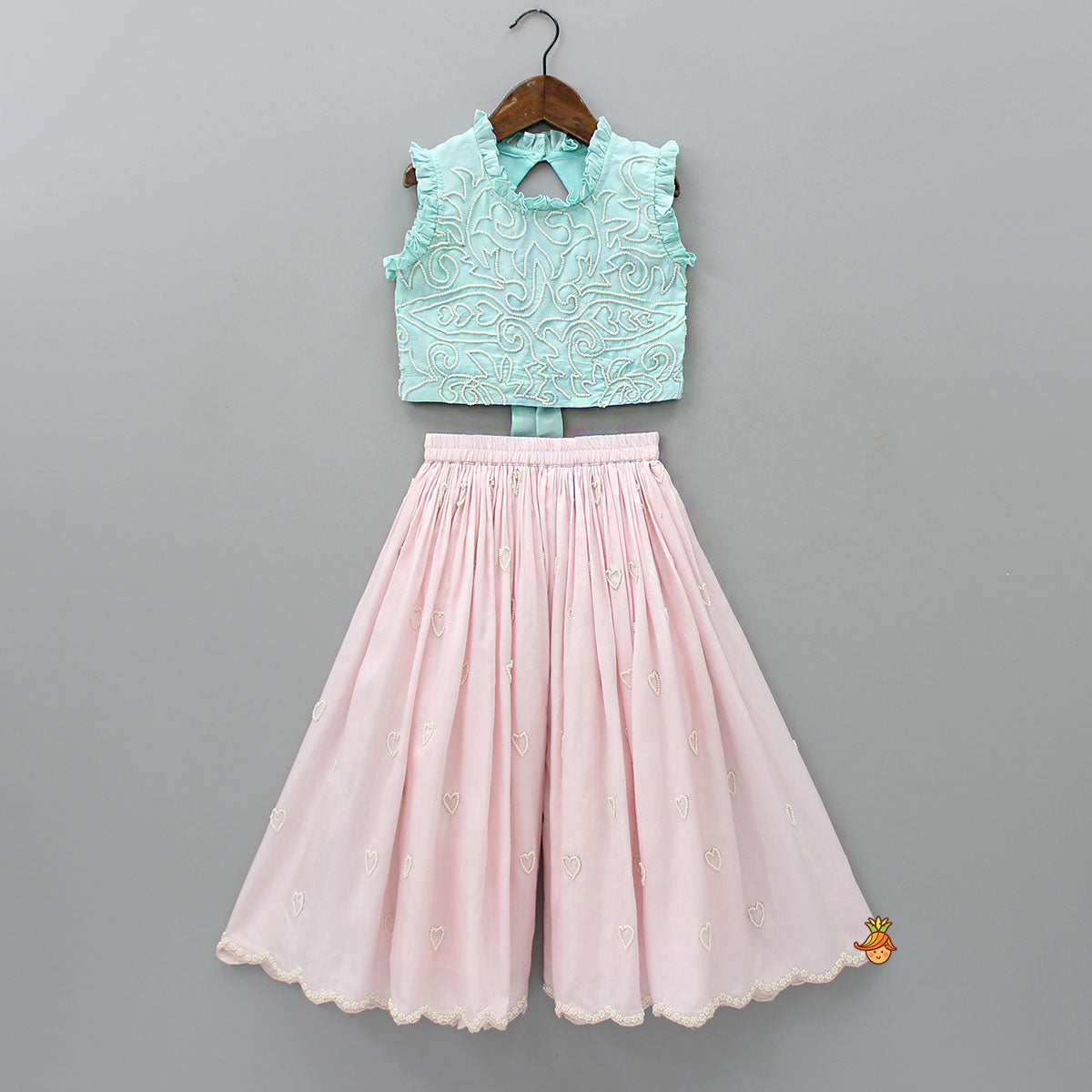 Pre Order: Ruffle Neckline Green Top And Pink Palazzo