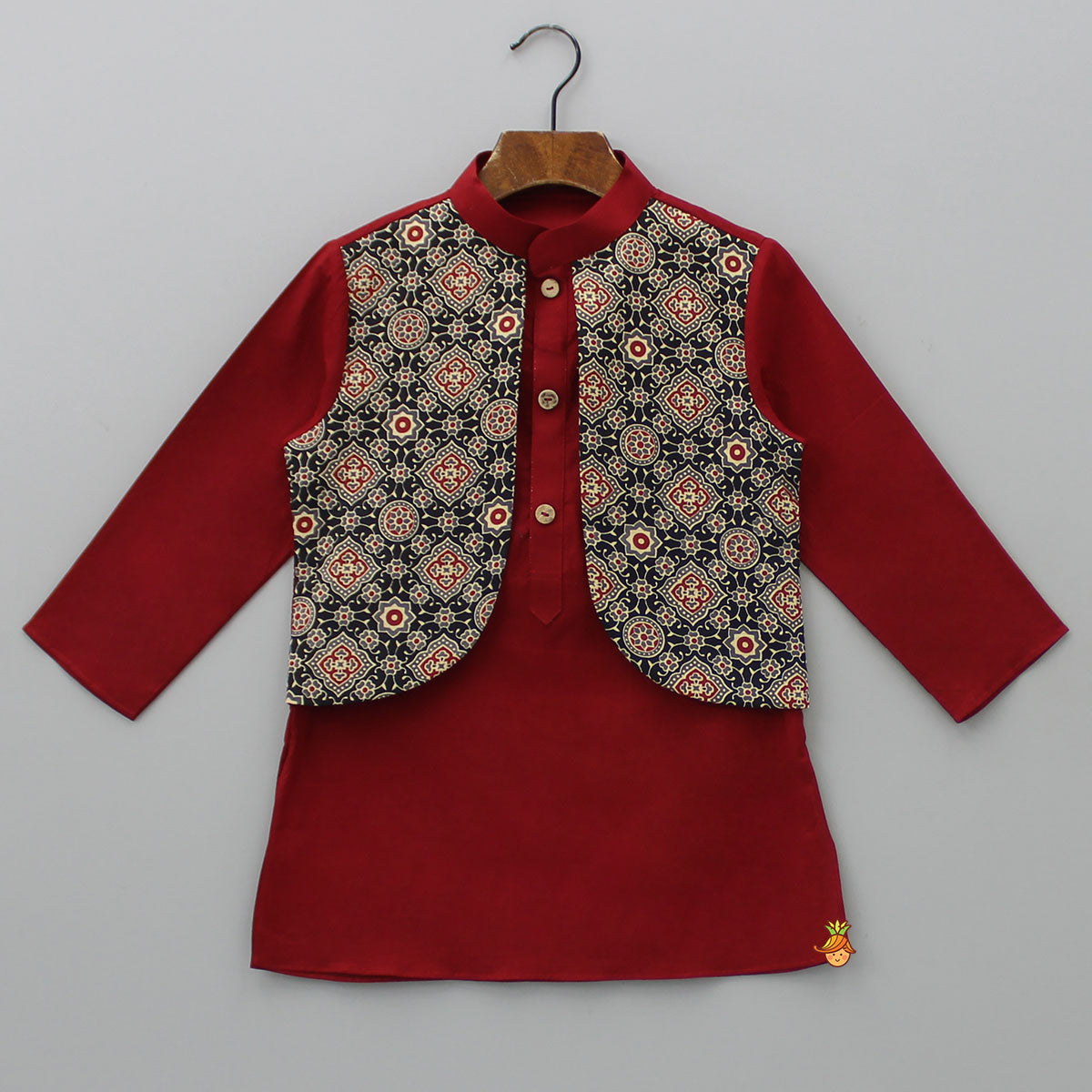 Pre Order: Ajrakh Printed Jacket Style Maroon Kurta And Pyjama
