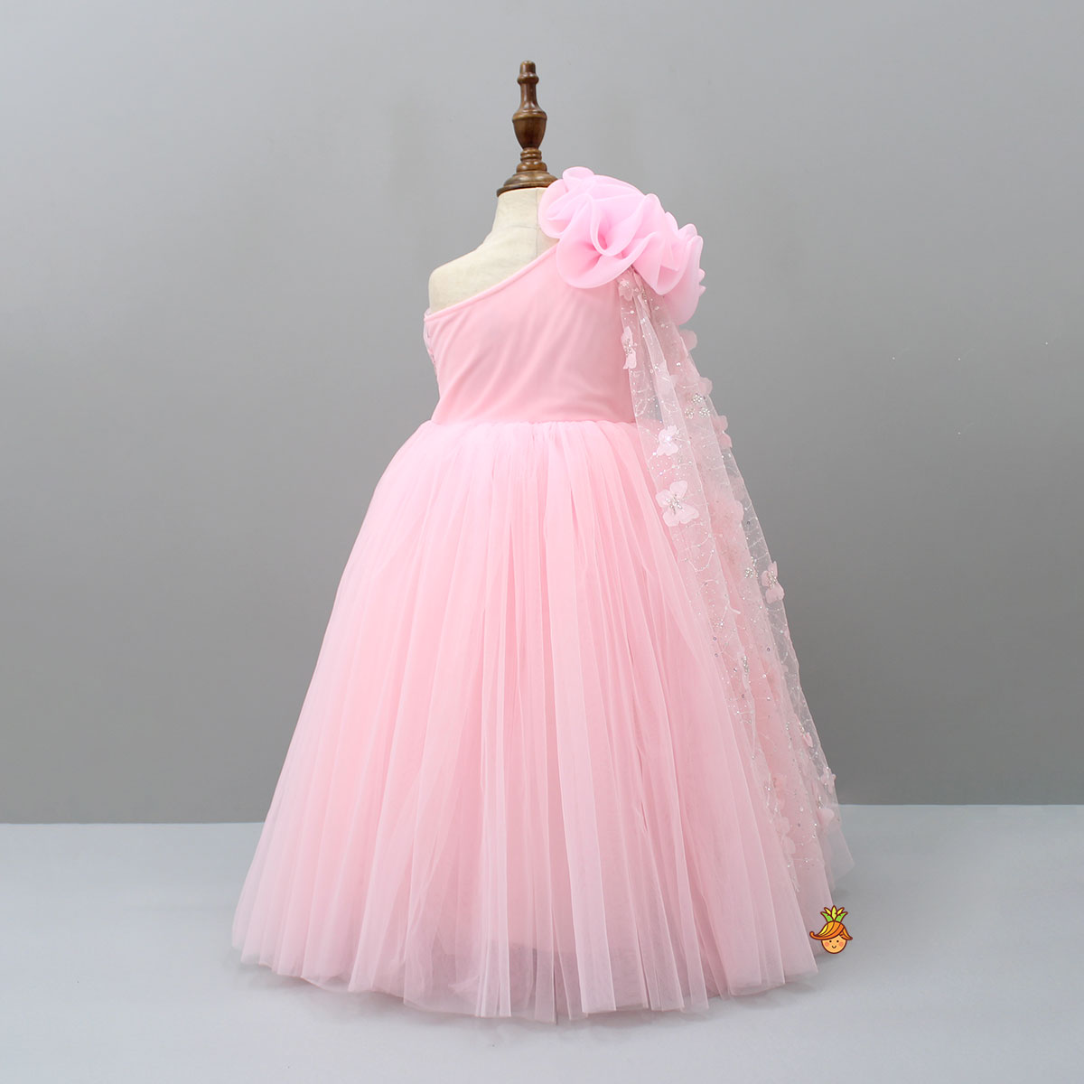 Pre Order: One Shoulder Pink Net Drape Gown