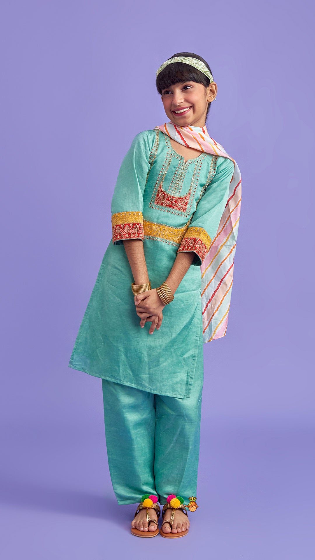 Pre Order: Embroidered Green Kurti And Pant With Striped Multicolour Dupatta