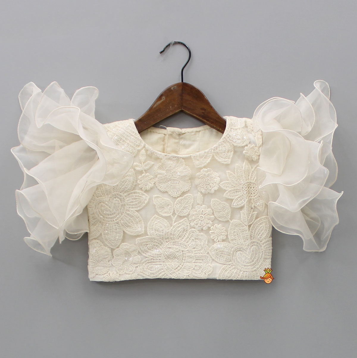 Pre Order: Ruffle Sleeves Off White Embroidered Top And Layered Lehenga