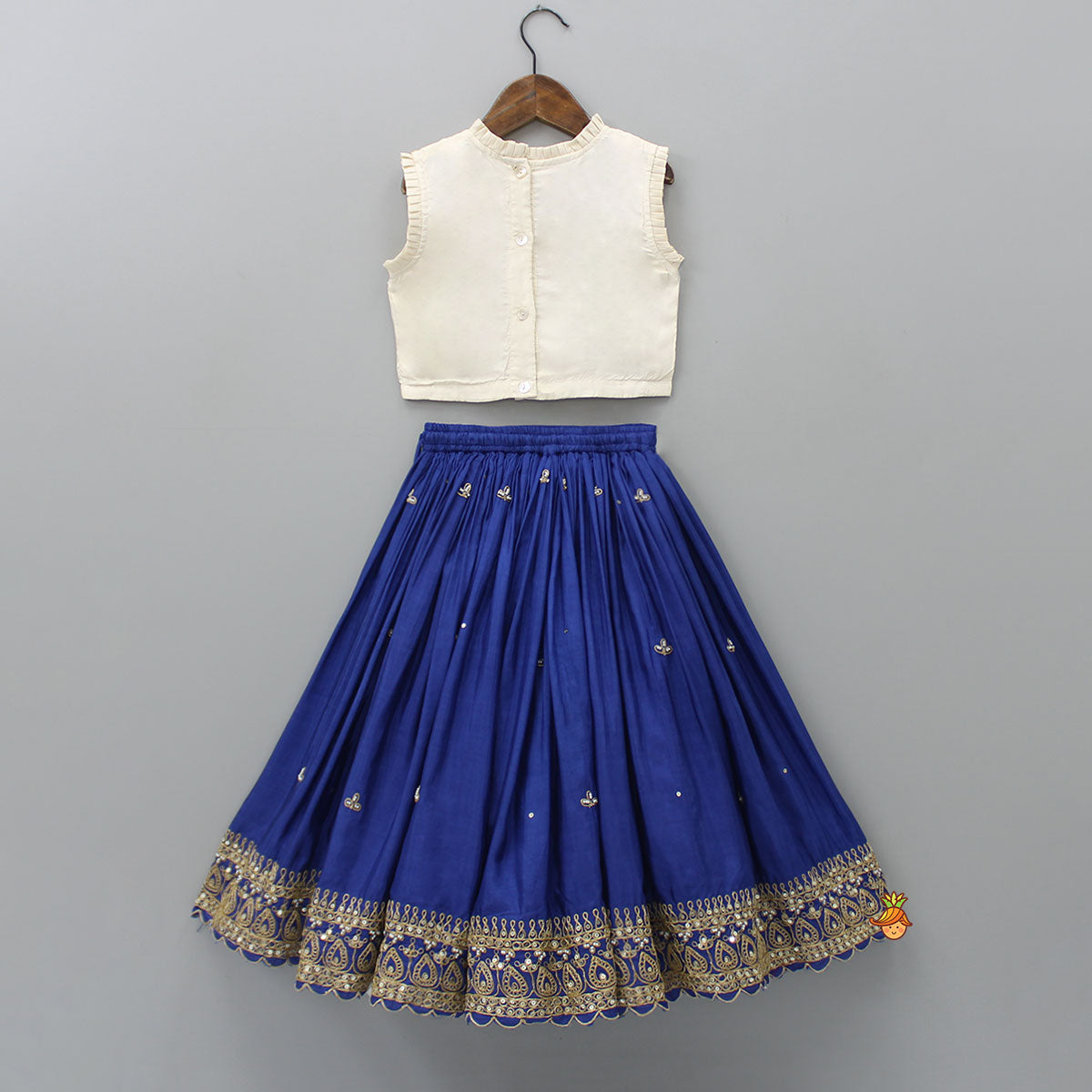 Pre Order: Pleated Neckline Top And Blue Lehenga With Printed Dupatta