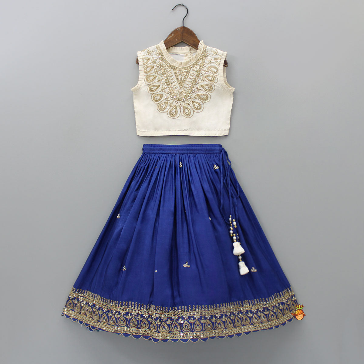 Pre Order: Pleated Neckline Top And Blue Lehenga With Printed Dupatta