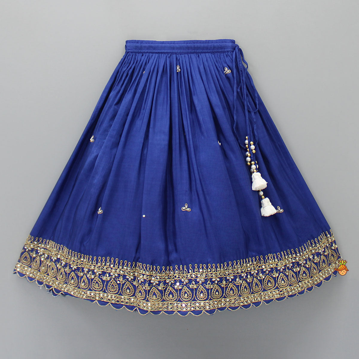 Pre Order: Pleated Neckline Top And Blue Lehenga With Printed Dupatta