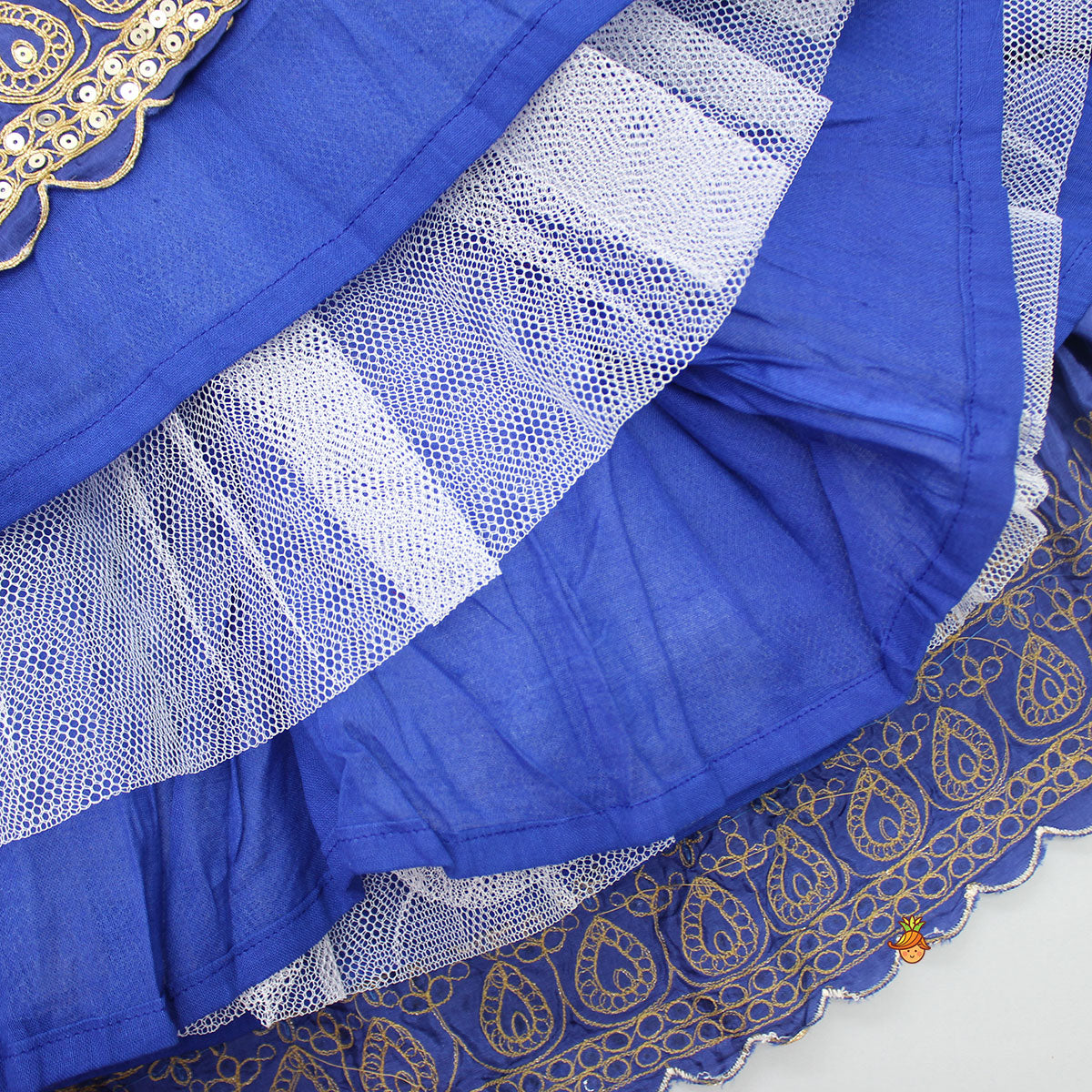 Pre Order: Pleated Neckline Top And Blue Lehenga With Printed Dupatta