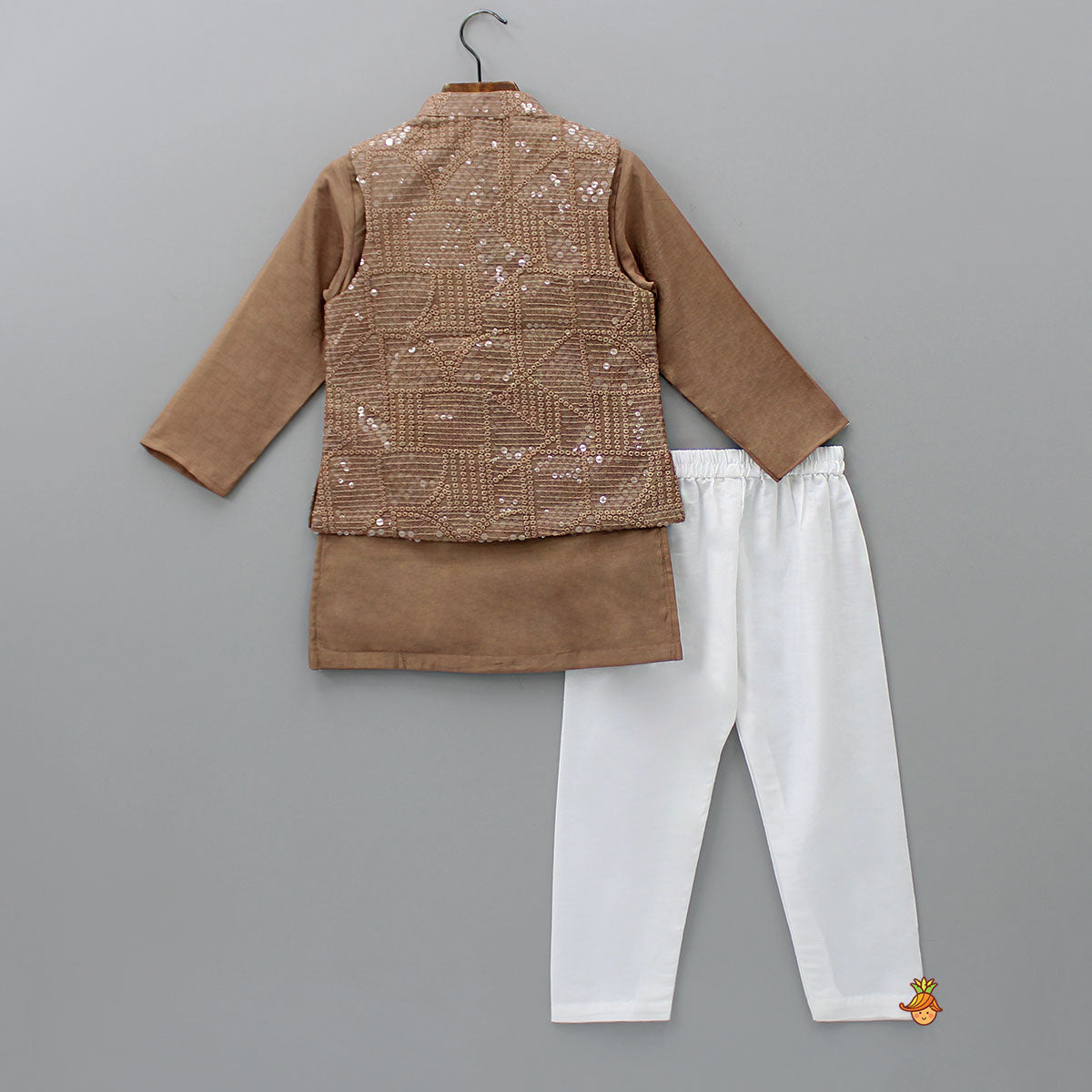 Pre Order: Brown Ethnic Kurta With Embroidered Jacket And Pyjama