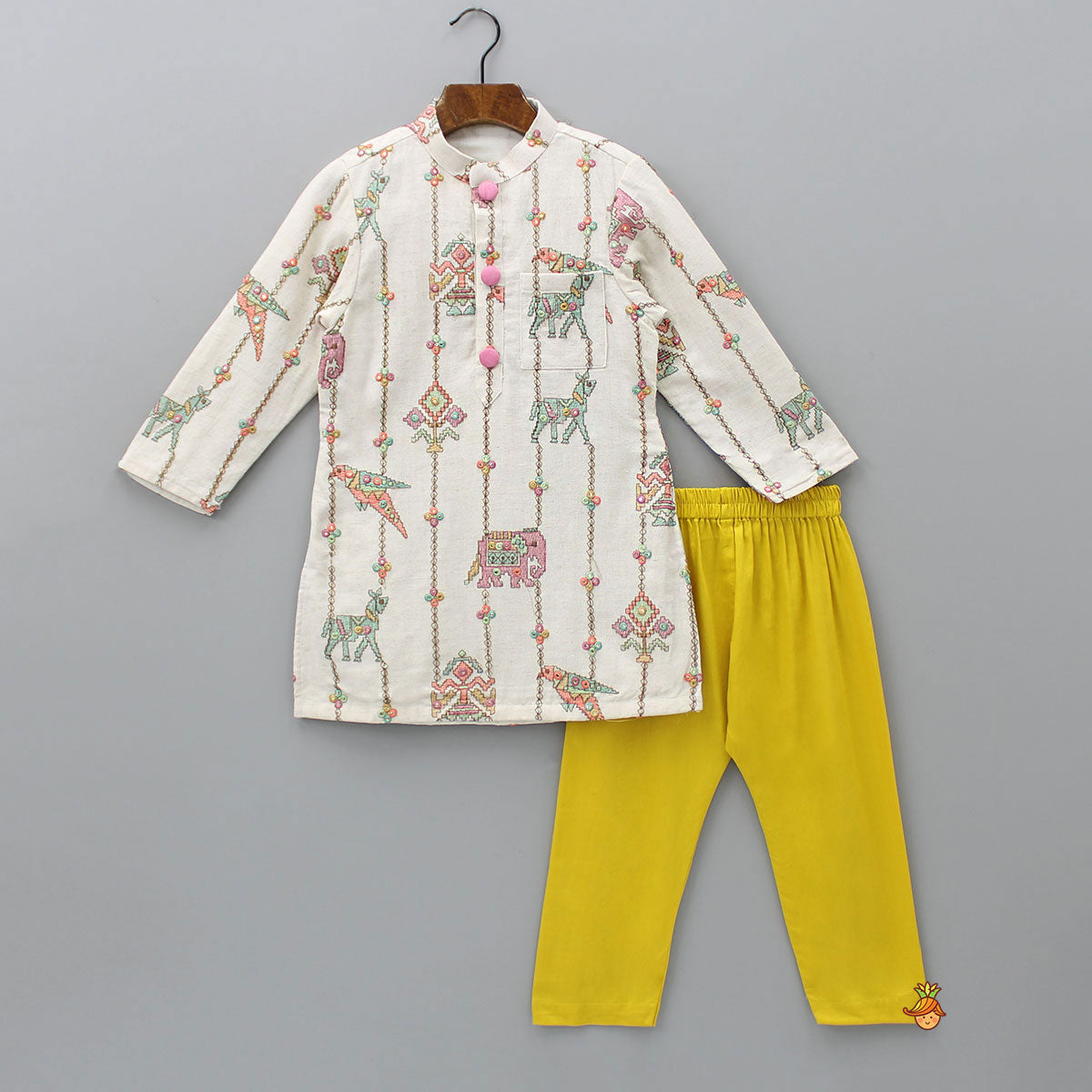 Pre Order: Patch Pocket Detail Embroidered Kurta And Mustard Pyjama