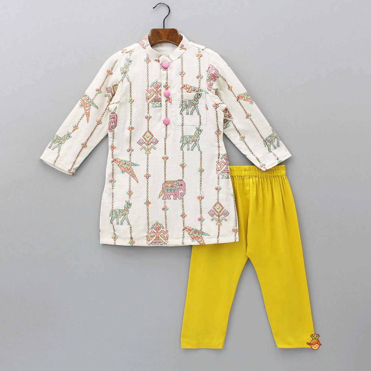 Pre Order: Patch Pocket Detail Embroidered Kurta And Mustard Pyjama