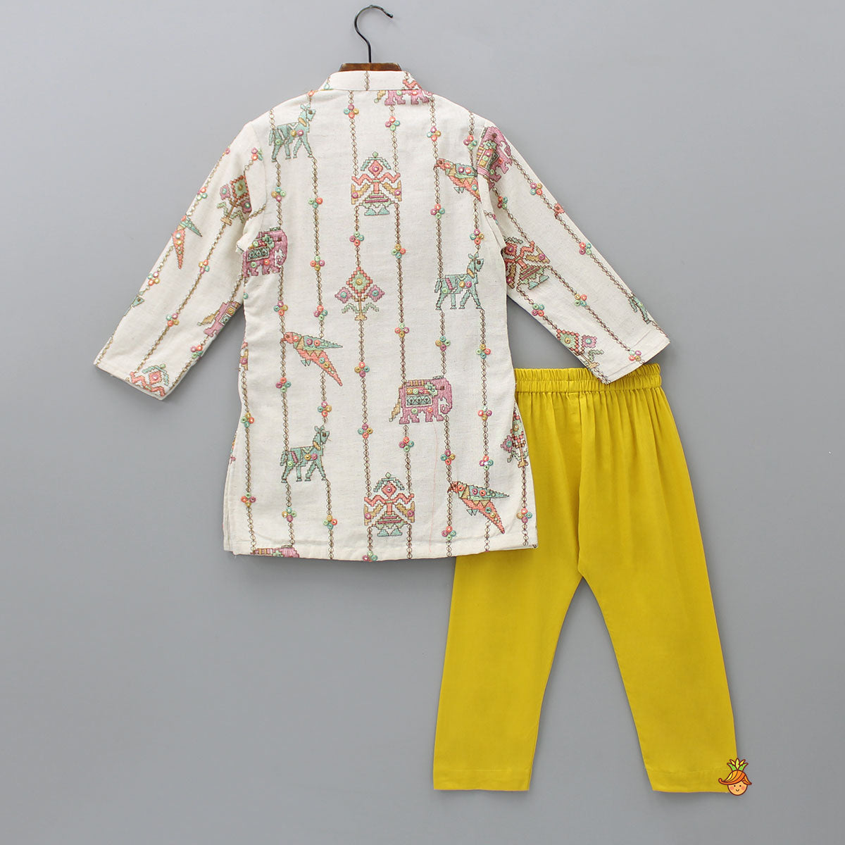 Pre Order: Patch Pocket Detail Embroidered Kurta And Mustard Pyjama