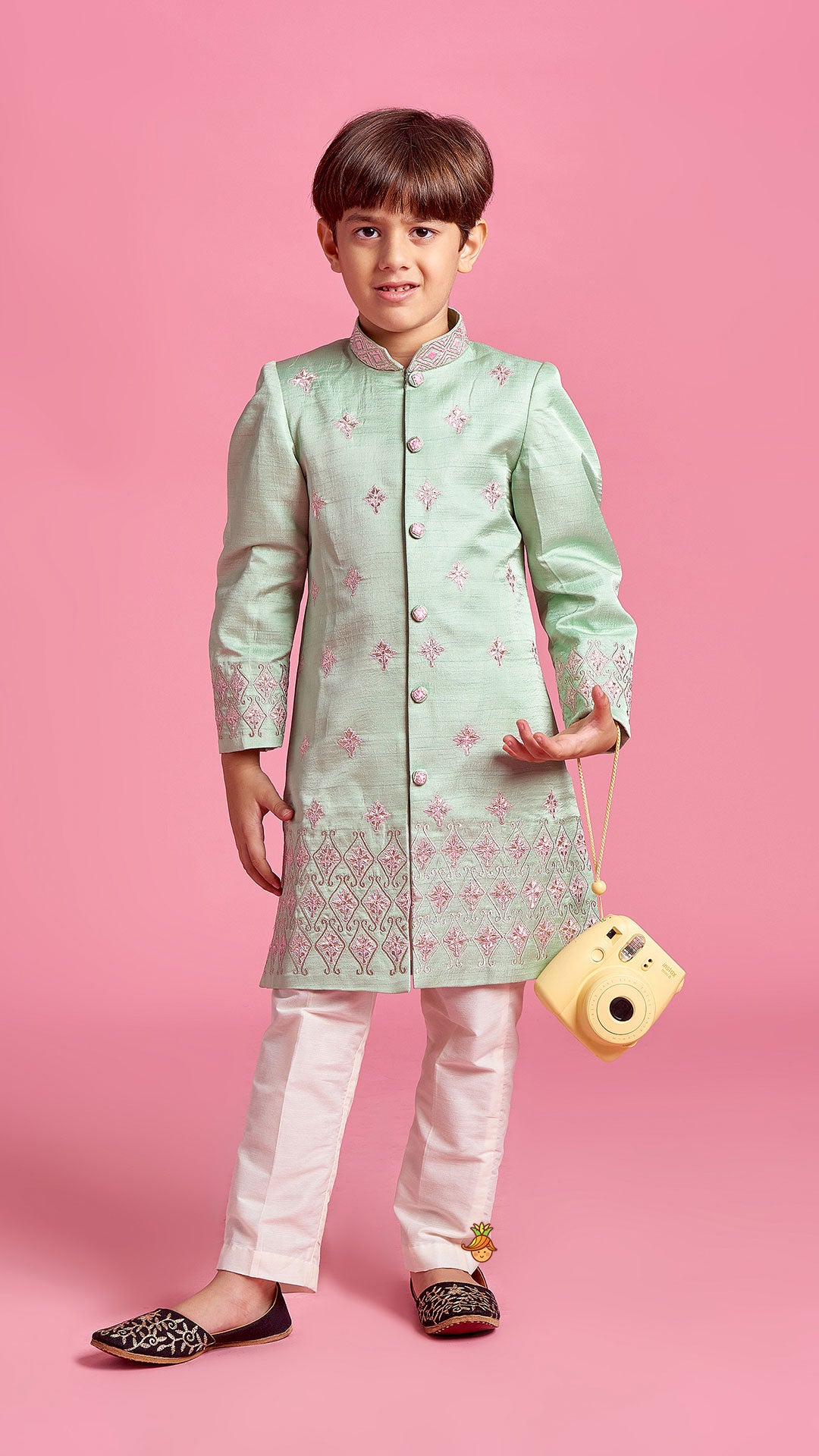 Pre Order: Green Zari And Thread Embroidered Sherwani With Pyjama