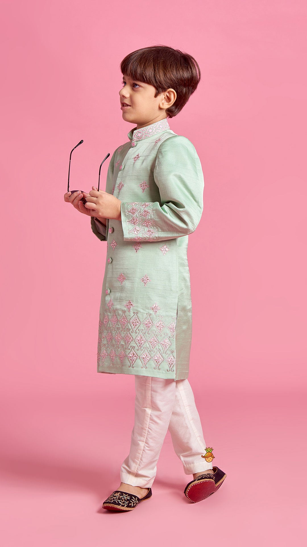 Pre Order: Green Zari And Thread Embroidered Sherwani With Pyjama