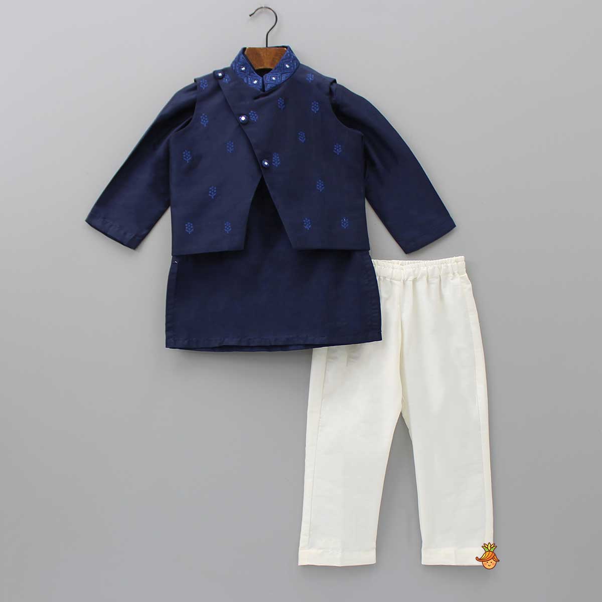 Pre Order: Blue Kurta With Diagonal Button Detail Jacket And Pyjama