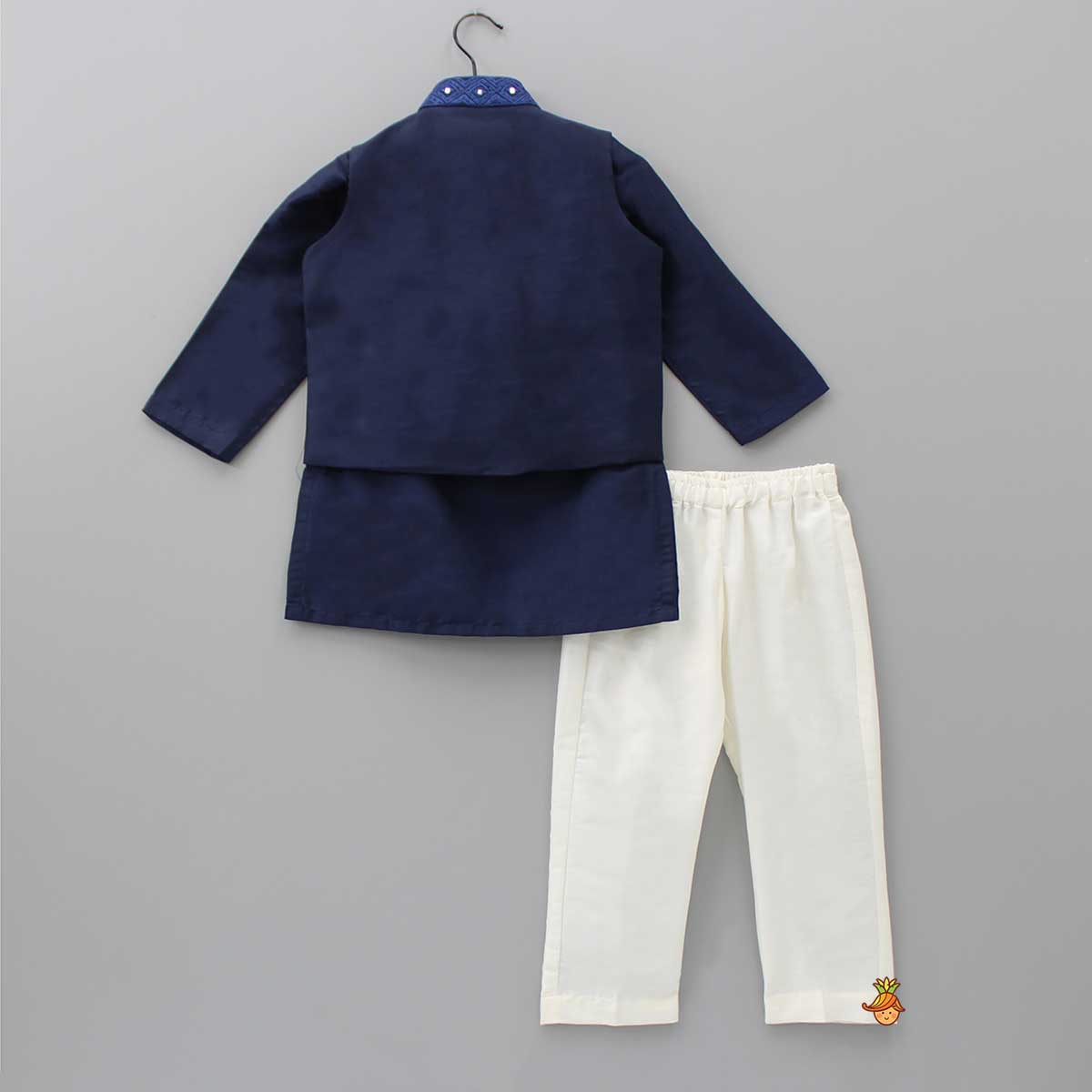 Pre Order: Blue Kurta With Diagonal Button Detail Jacket And Pyjama