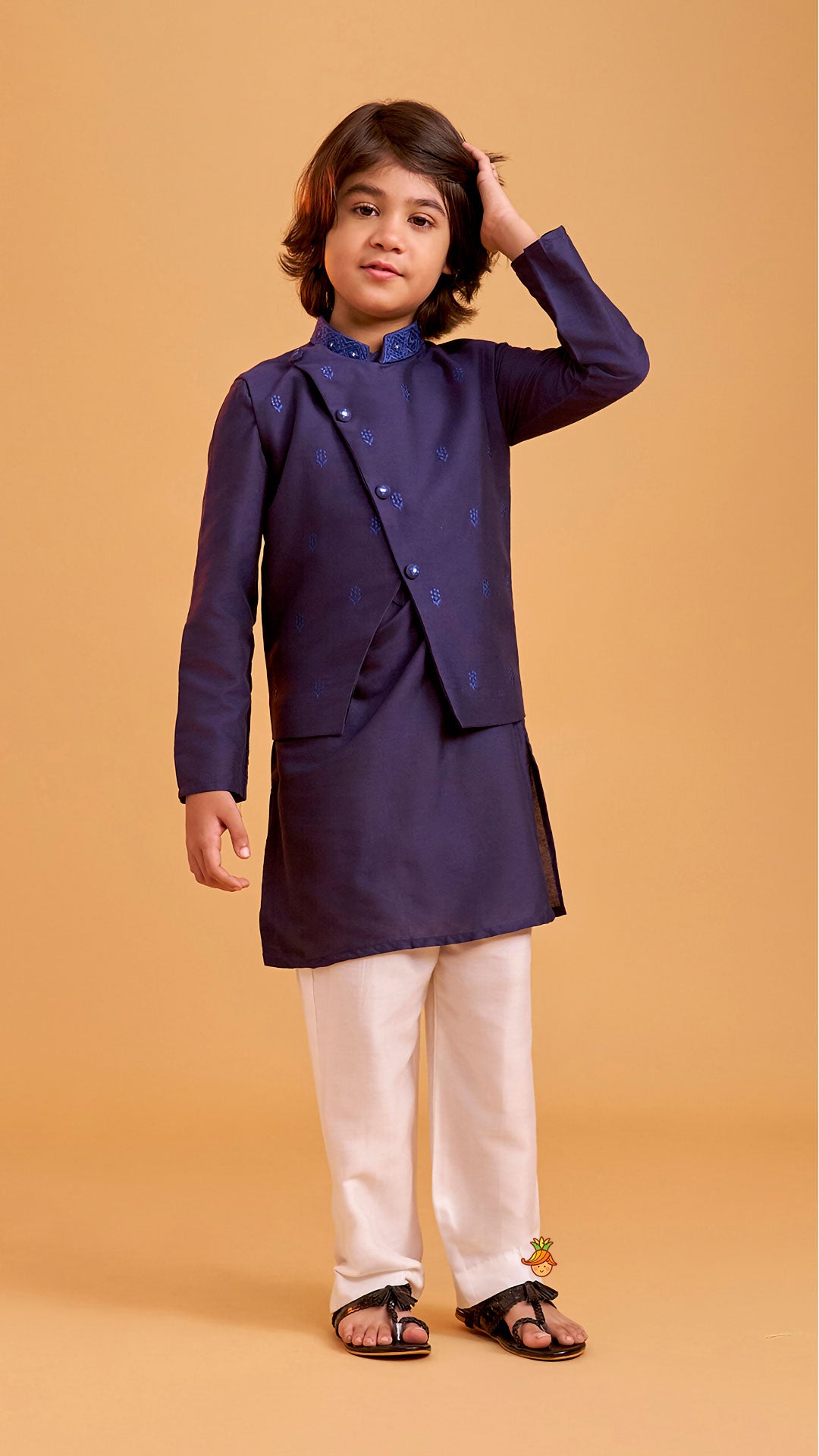 Pre Order: Ethnic Kurta With Diagonal Button Detail Jacket And Pyjama