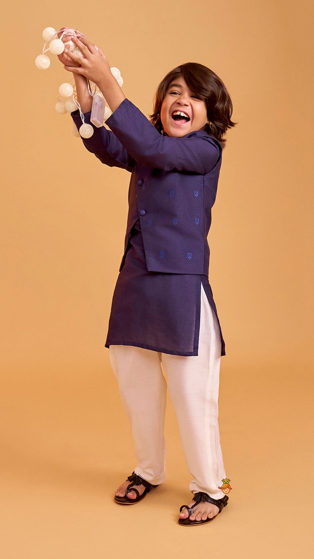 Pre Order: Ethnic Kurta With Diagonal Button Detail Jacket And Pyjama