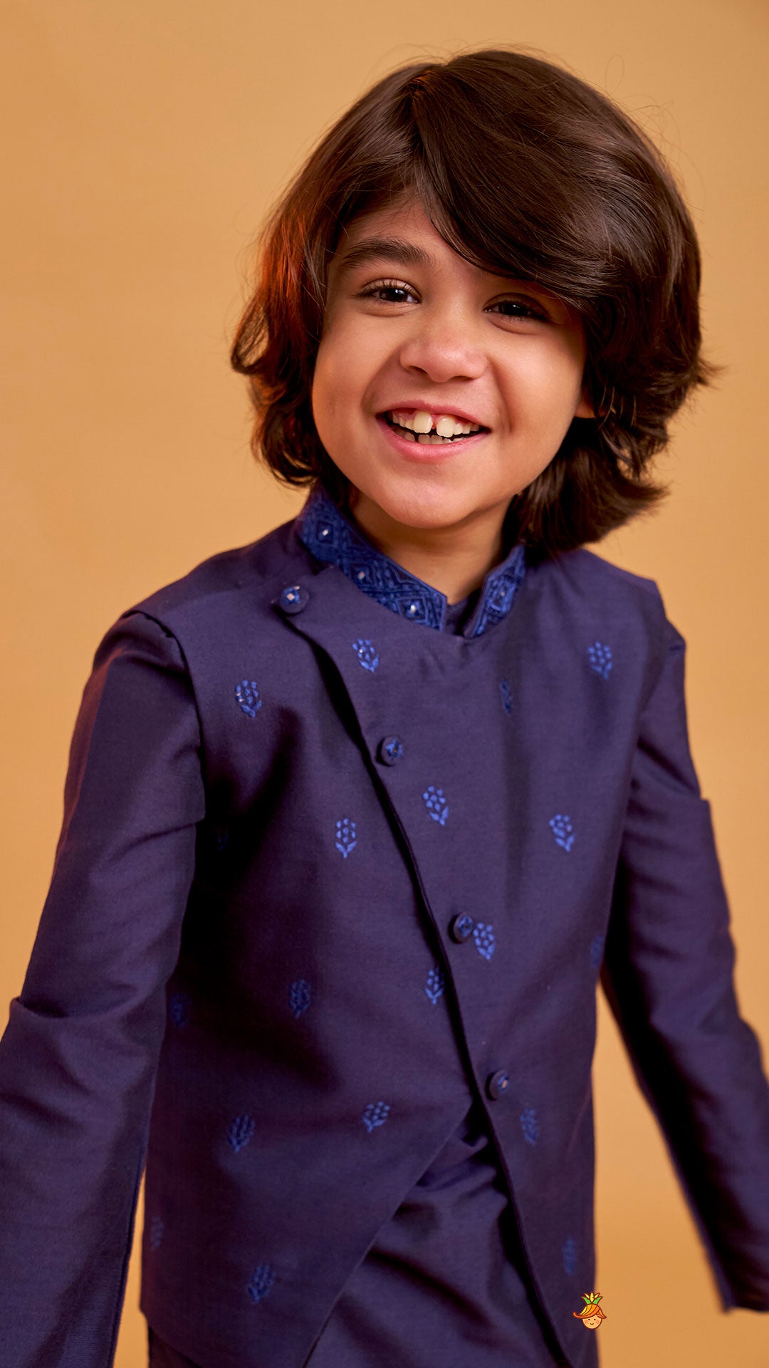 Pre Order: Ethnic Kurta With Diagonal Button Detail Jacket And Pyjama