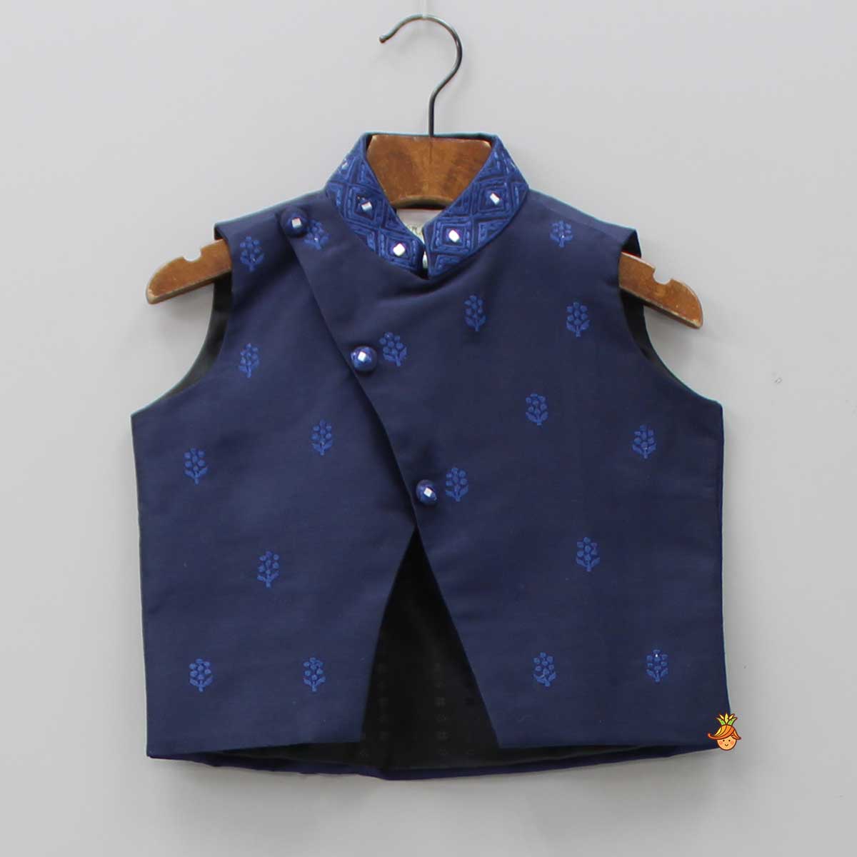 Pre Order: Blue Kurta With Diagonal Button Detail Jacket And Pyjama