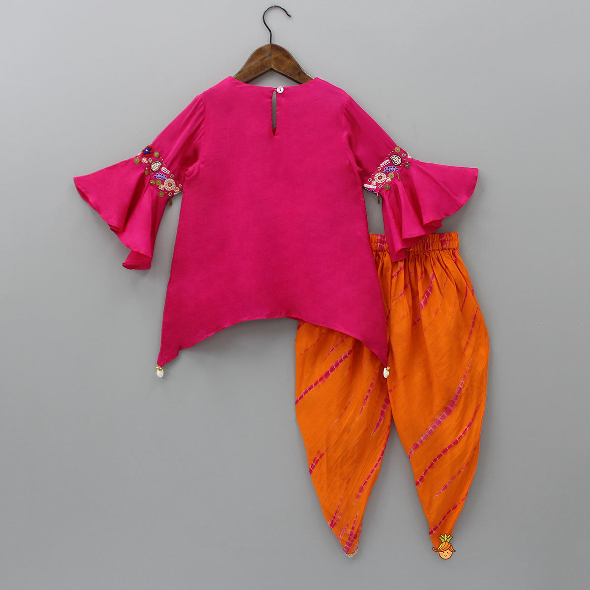 Pre Order: Hanging Tassels Enhanced Pink Top And Shibori Printed Dhoti