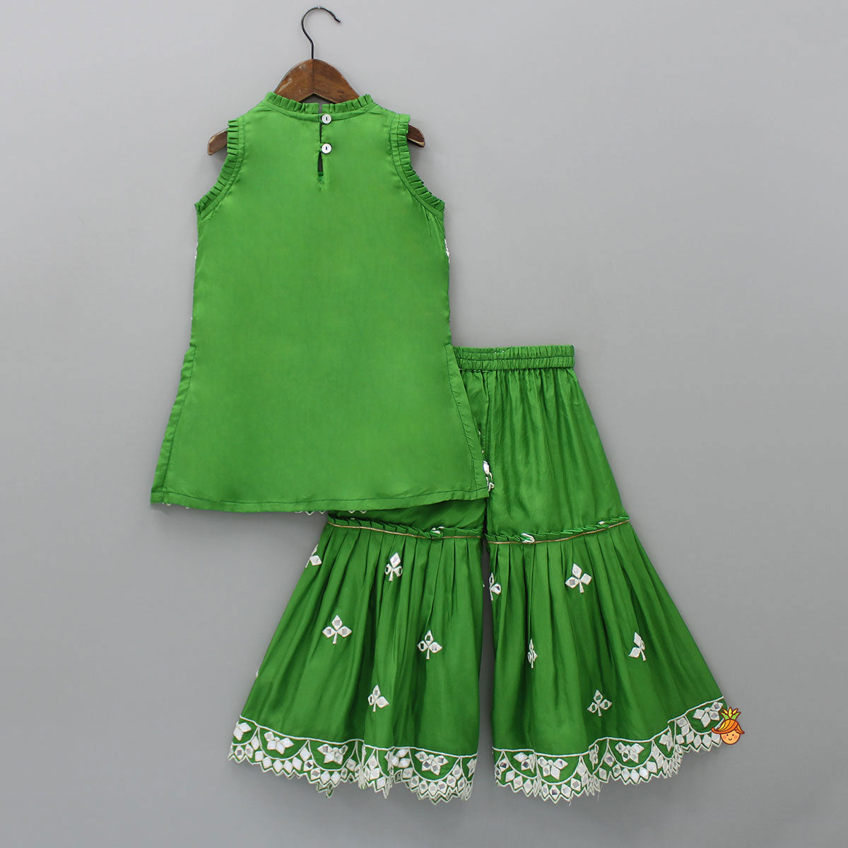 Pre Order: Beautiful Faux Mirror Work Green Kurti And Pleated Sharara