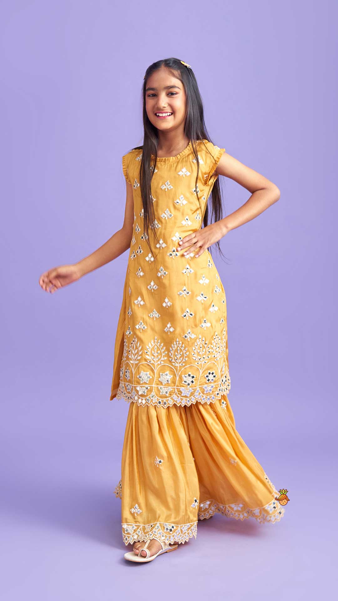 Pre Order: Beautiful Faux Mirror Work Kurti And Pleated Sharara