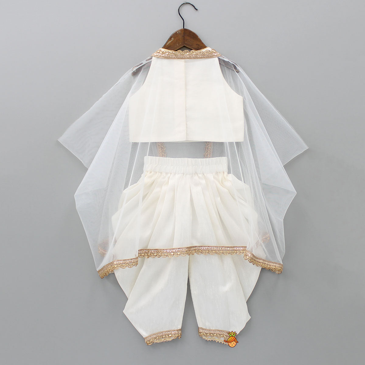 Pre Order: Ivory Crop Top And Pleated Dhoti With Net Shrug