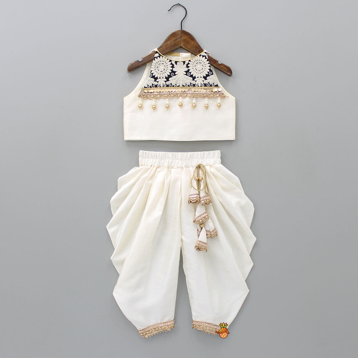 Pre Order: Ivory Crop Top And Pleated Dhoti With Net Shrug