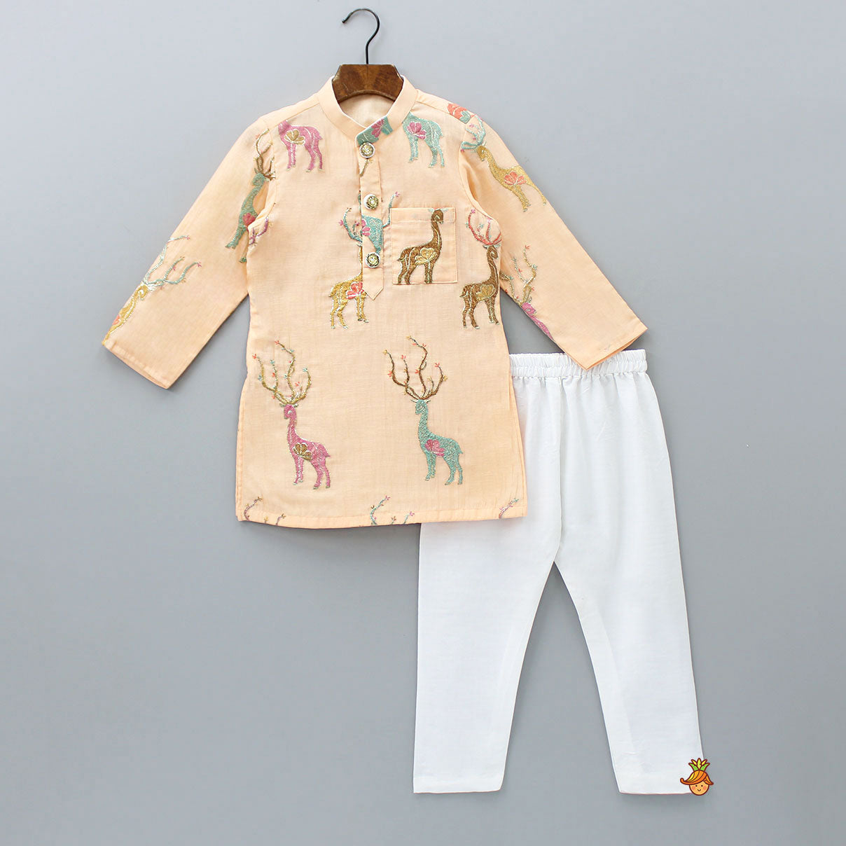 Pre Order: Patch Pocket Detail Embroidered Peach Kurta And Off White Pyjama