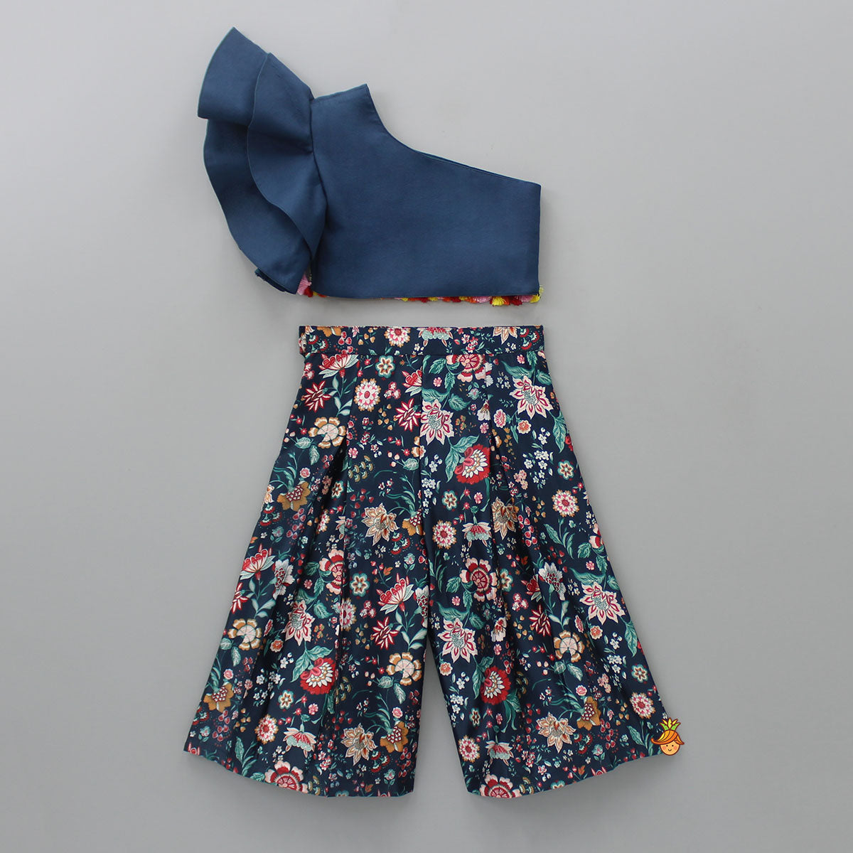 Pre Order: Blue One Shoulder Top And Box Pleated Floral Palazzo