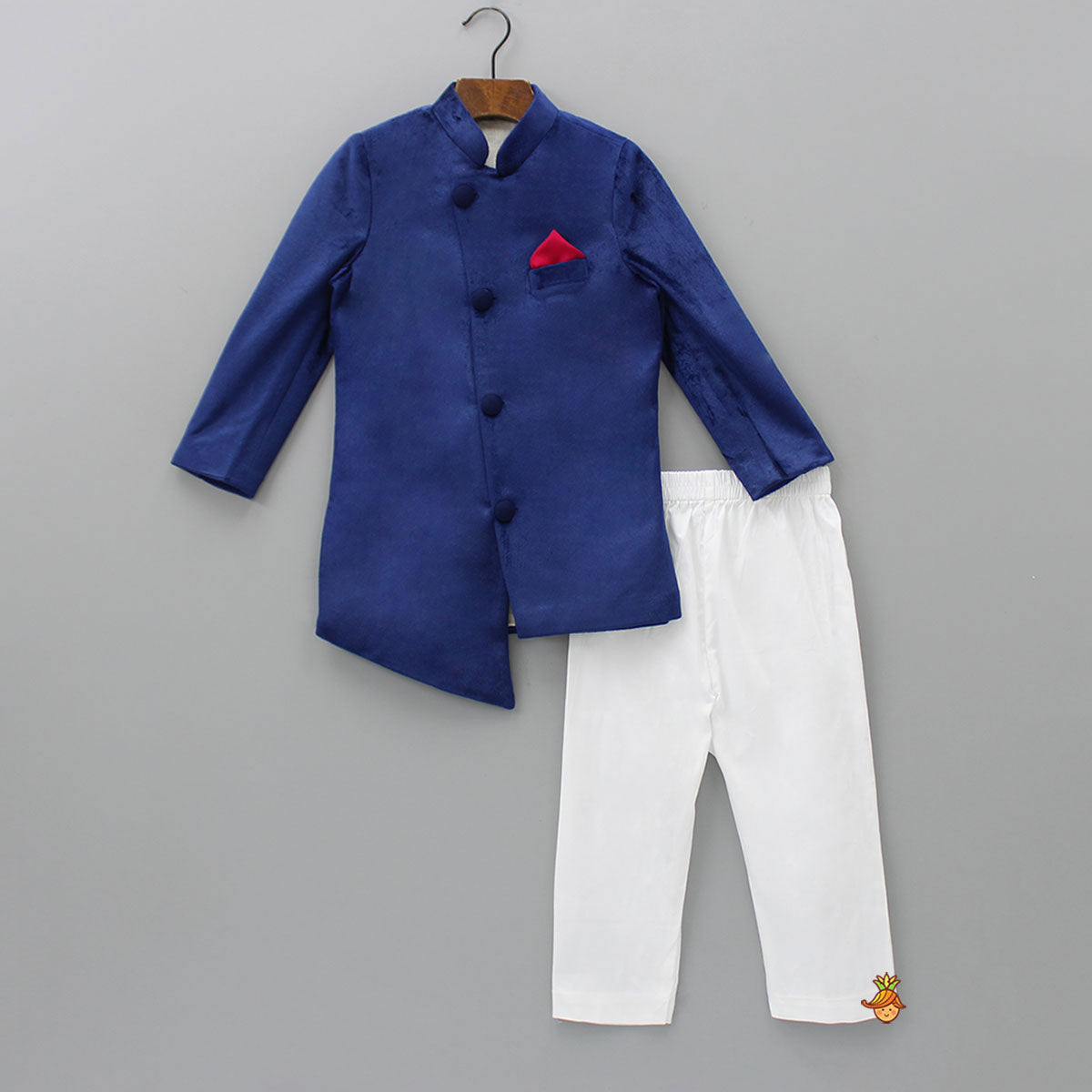 Pre Order: Elegant Blue Front Open Asymmetric Sherwani And Pyjama