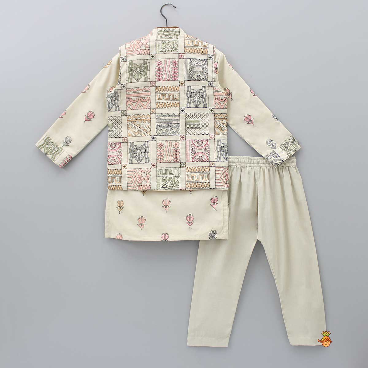 Pre Order: Beige Mandarin Collar Kurta With Stylish Cut Out Jacket And Pyjama