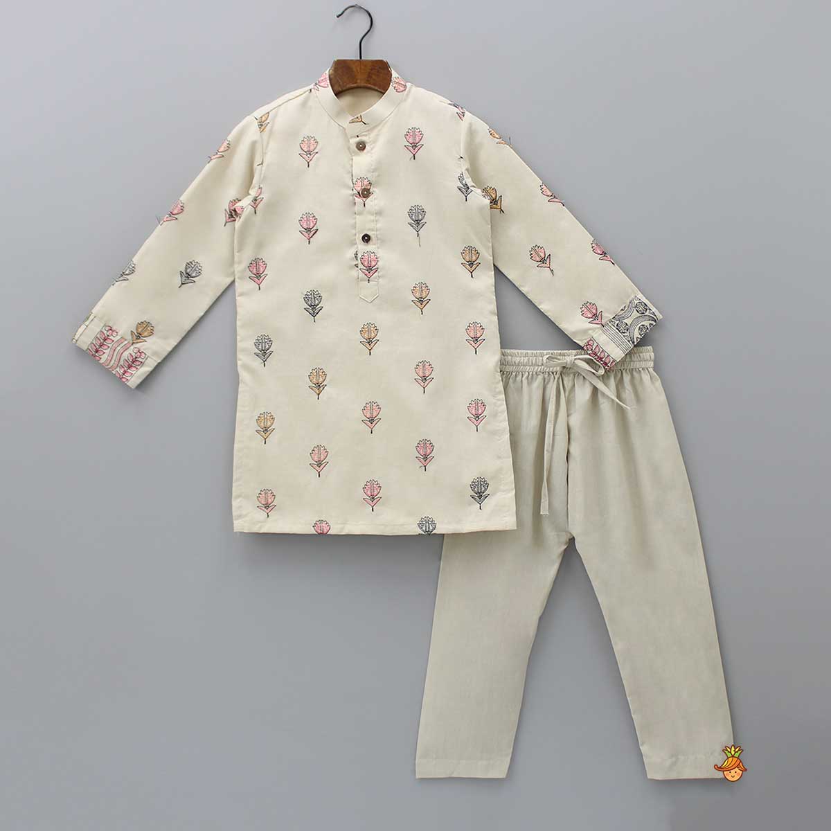 Pre Order: Beige Mandarin Collar Kurta With Stylish Cut Out Jacket And Pyjama