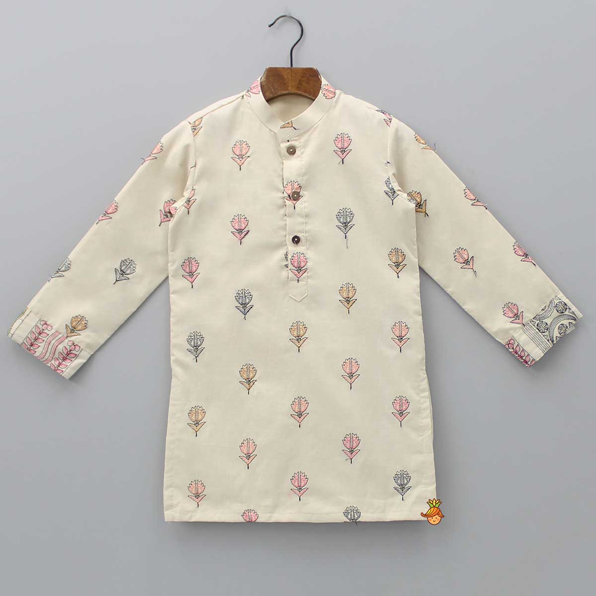 Pre Order: Beige Mandarin Collar Kurta With Stylish Cut Out Jacket And Pyjama