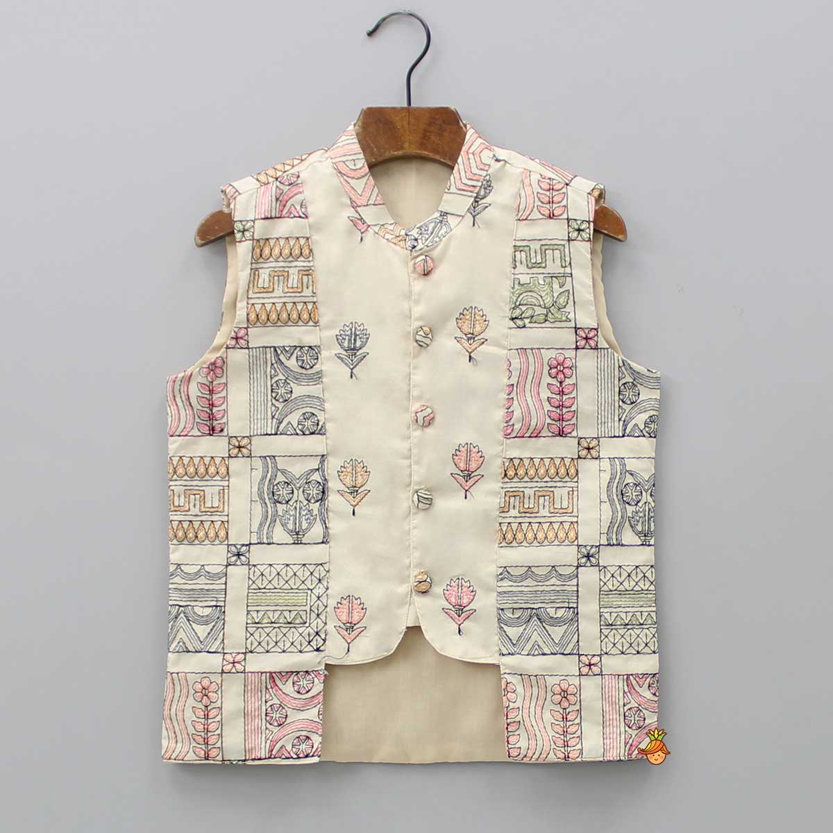 Pre Order: Beige Mandarin Collar Kurta With Stylish Cut Out Jacket And Pyjama