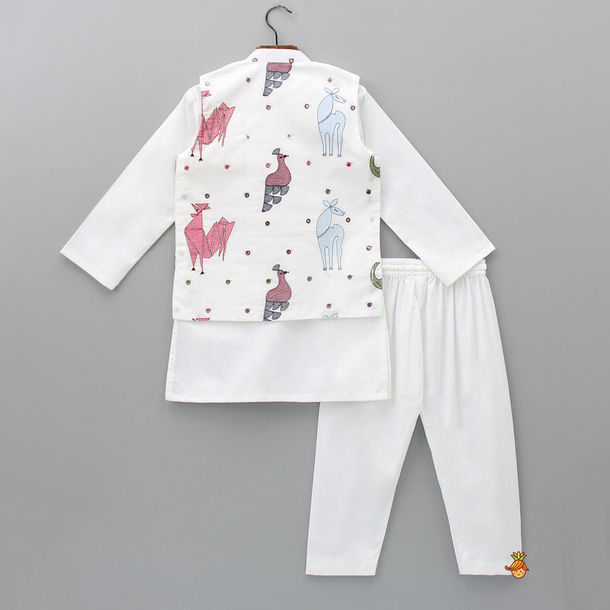 Pre Order: Mandarin Collar White Cotton Kurta With Thread Embroidered Jacket And Pyjama