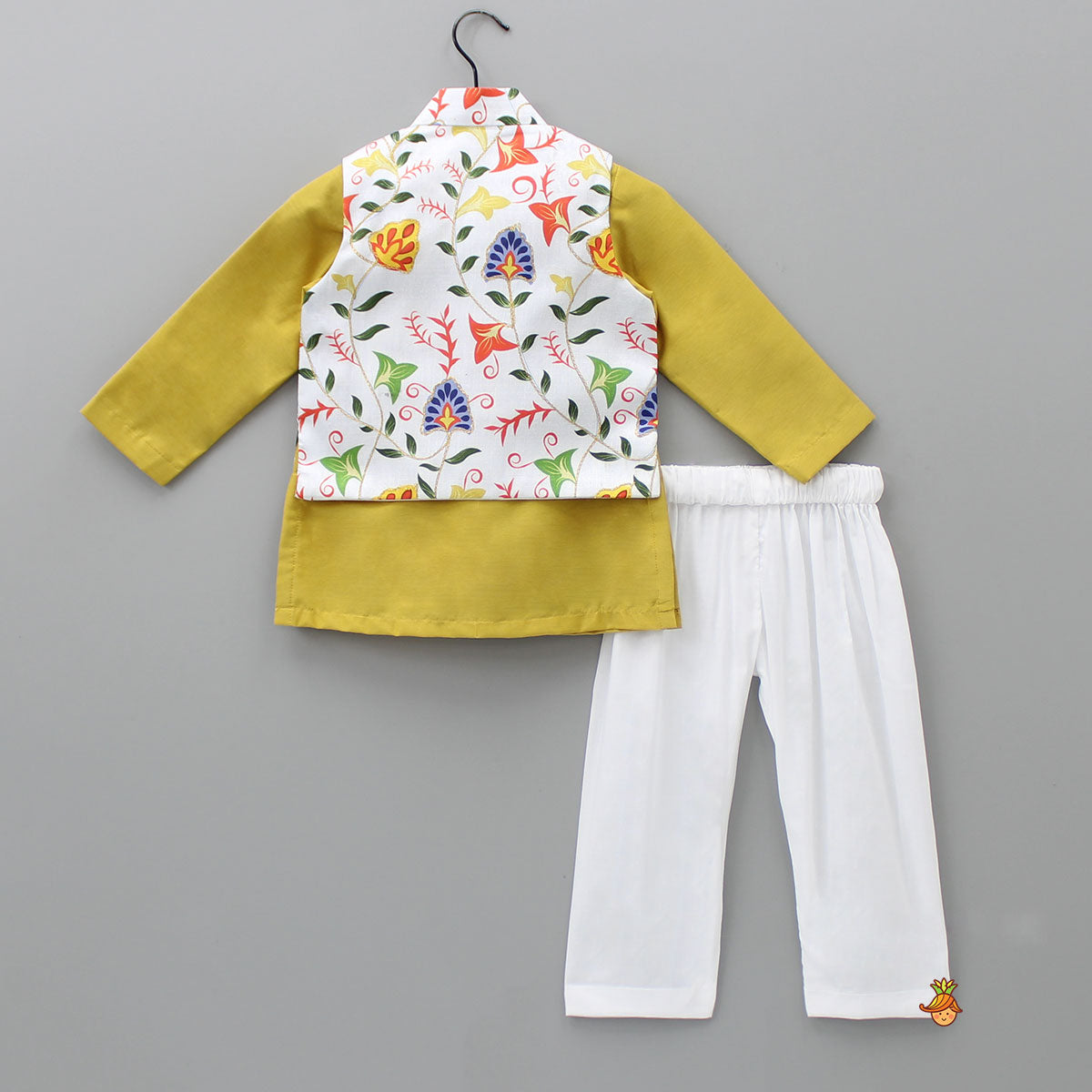 Pre Order: Mustard Kurta With Printed Multicolour Jacket And Pyjama