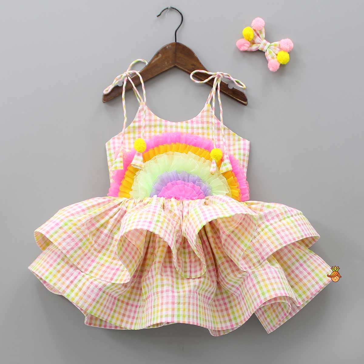 Pre Order: Multicolour Checks Strappy Dress With Matching Bow Hairclip