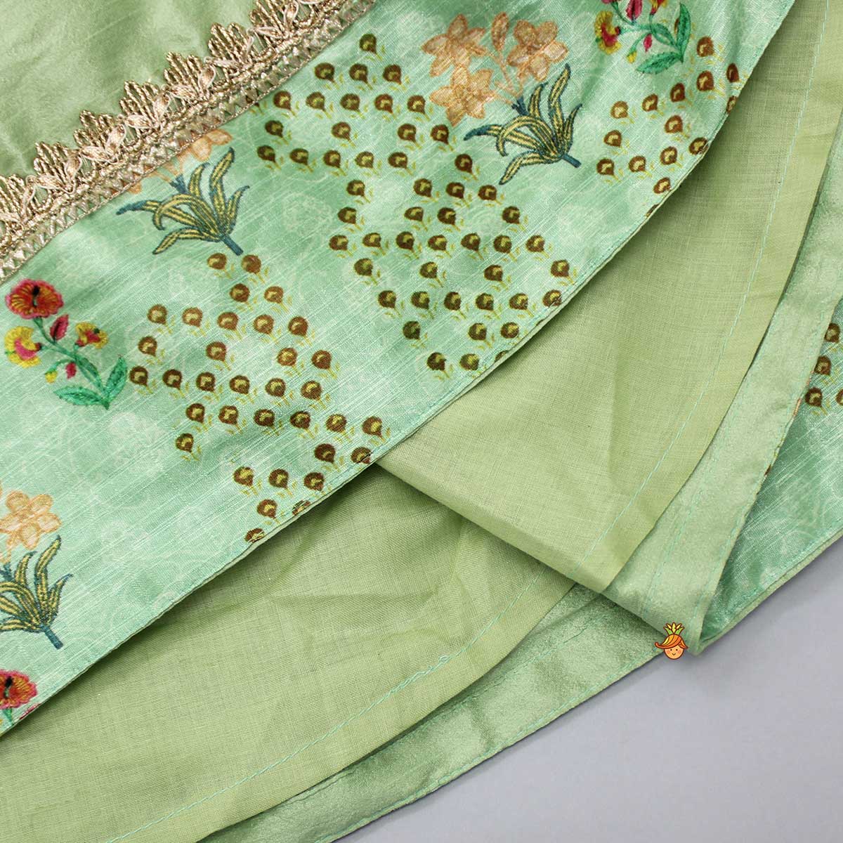 Pre Order: Embroidered Yoke Top And Green Lehenga With Pom Pom Lace Detail Dupatta