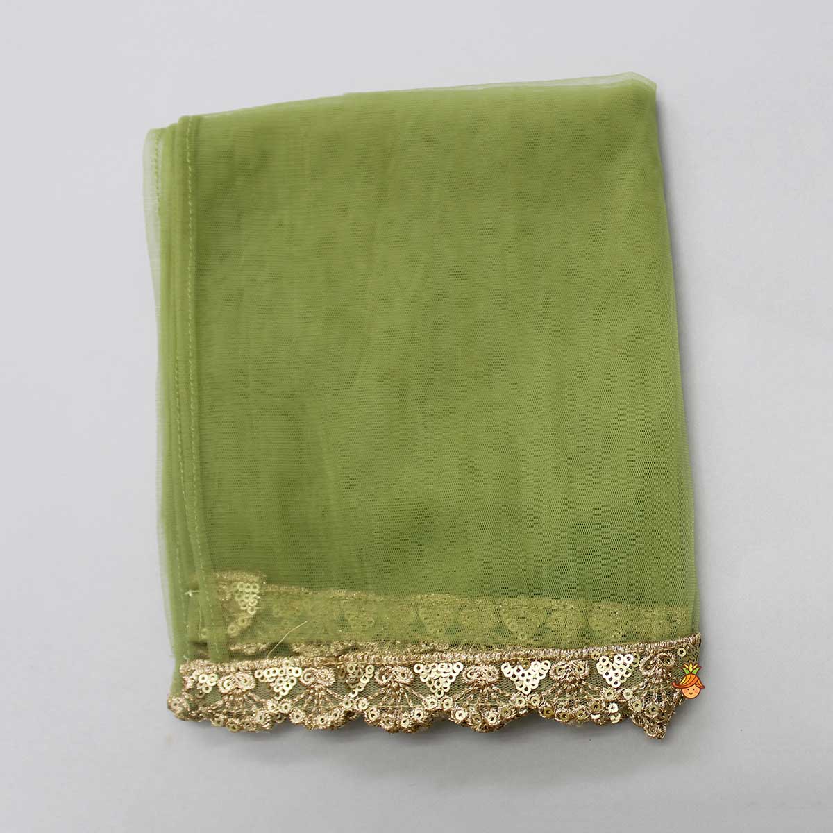 Pre Order: Pleated Hem Green Chanderi Embroidered Top And Lehenga With Net Dupatta