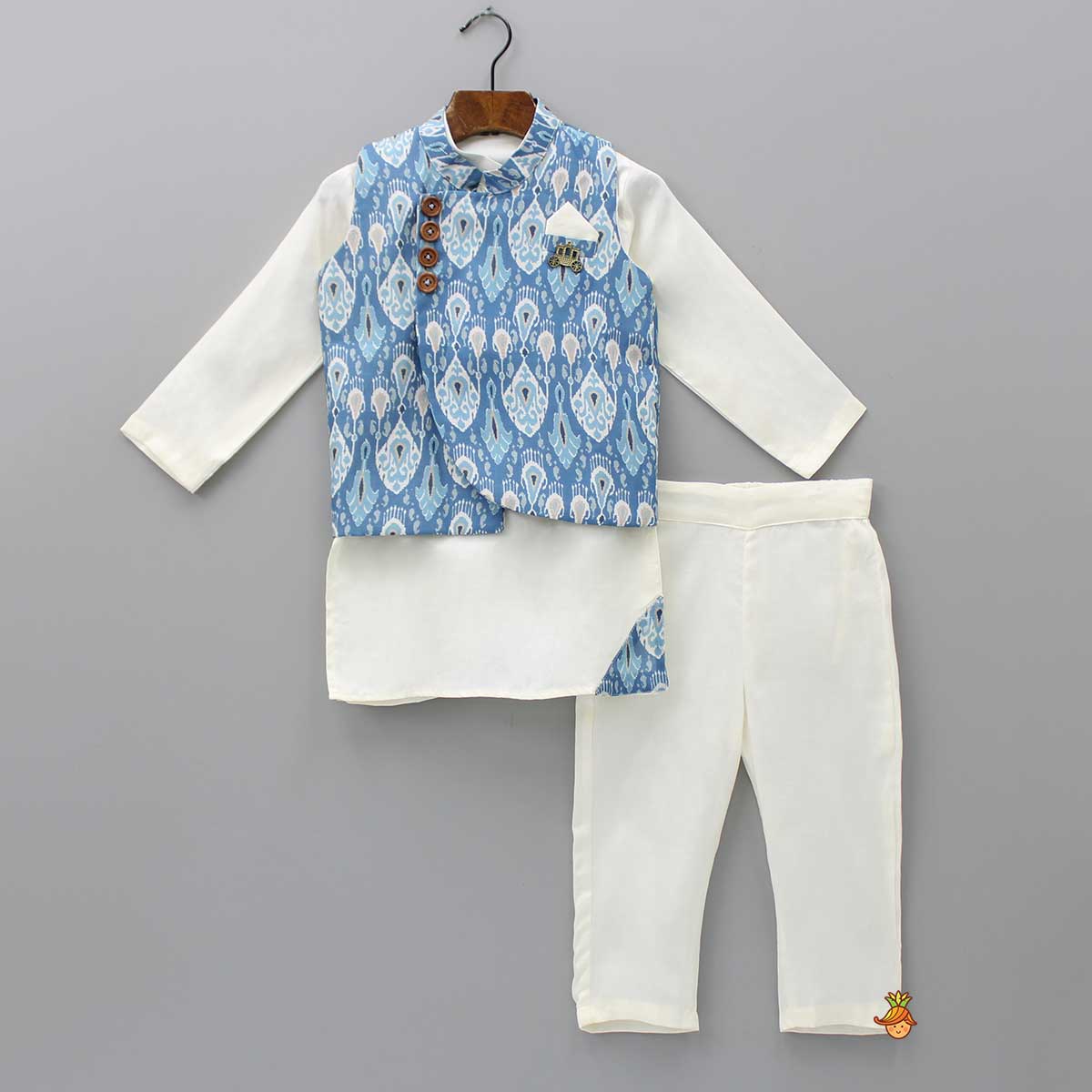 Pre Order: Off White Kurta With Stylish Hem Jacket And Pyjama