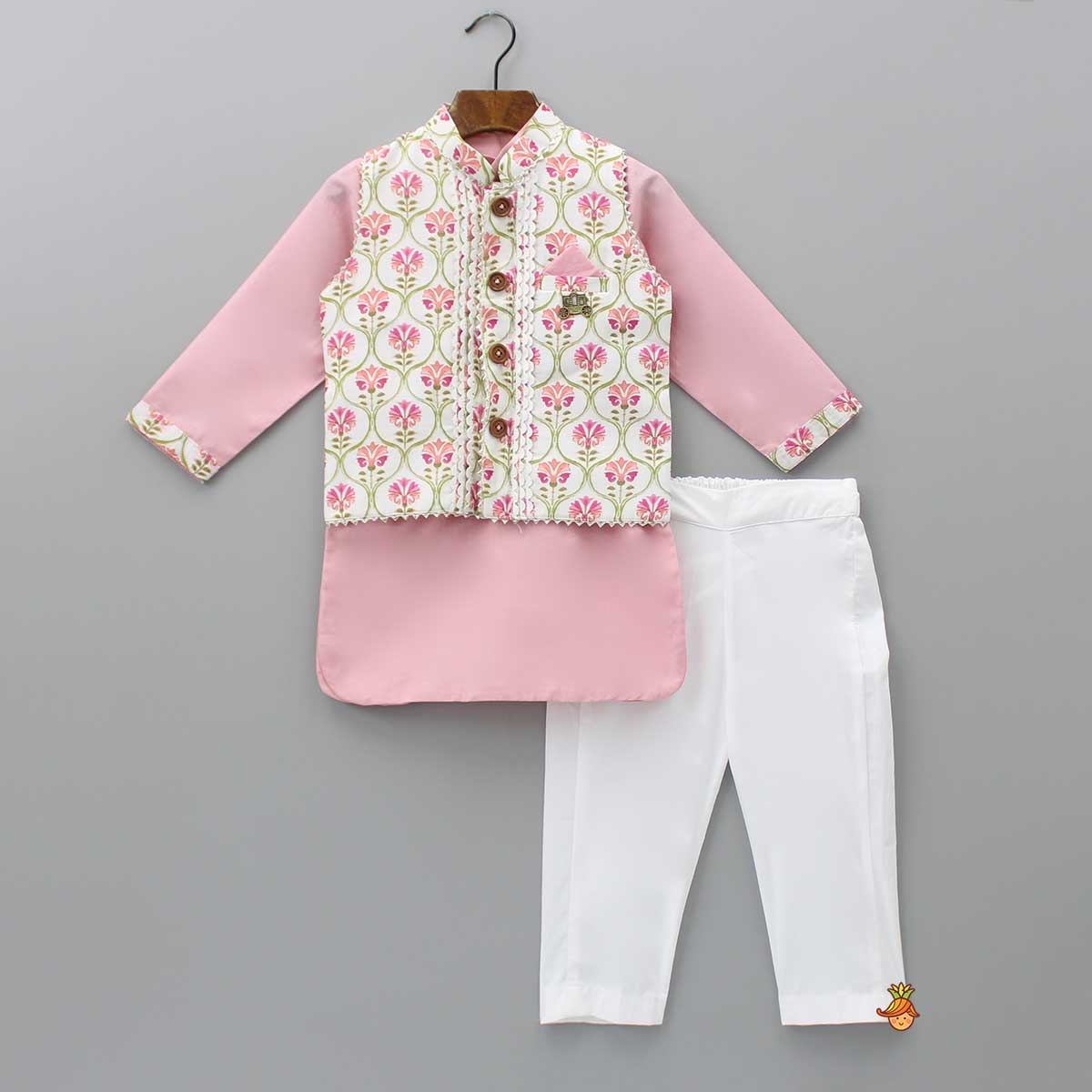 Pre Order: Pink Kurta And Pyjama With Floral Printed Jacket