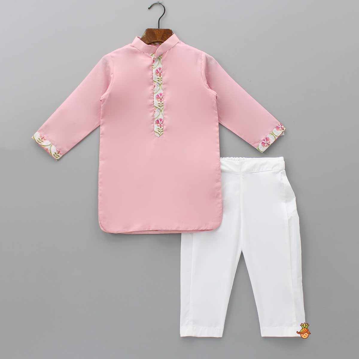 Pre Order: Pink Kurta And Pyjama With Floral Printed Jacket