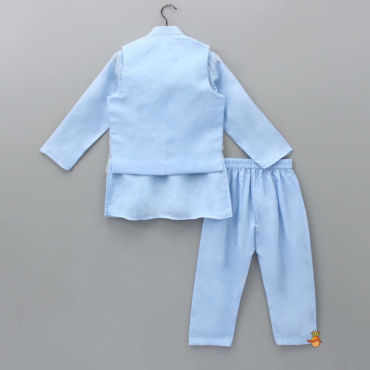 Pre Order: Silk Mandarin Collar Blue Kurta With Open Jacket And Pyjama