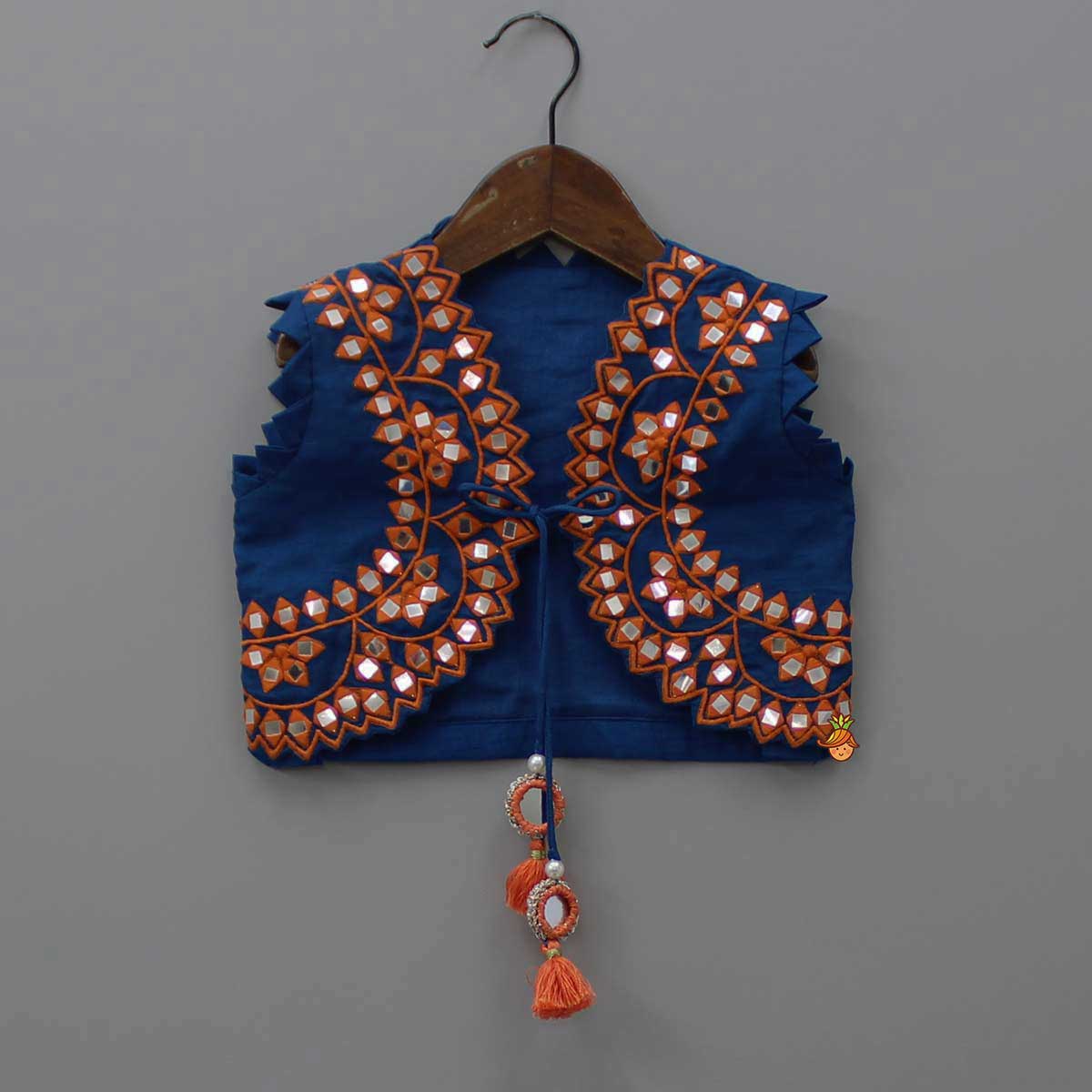 Pre Order: Orange Crop Top With Faux Mirror Design Jacket And Lehenga