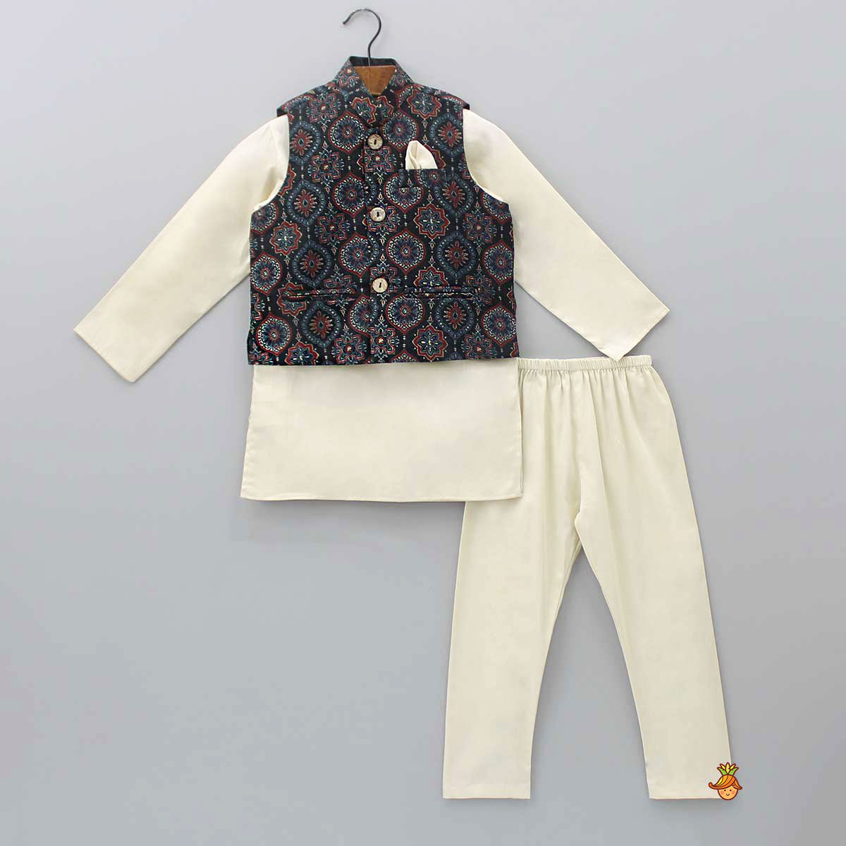 Beige Kurta With Multicolour Jacket And Pyjama