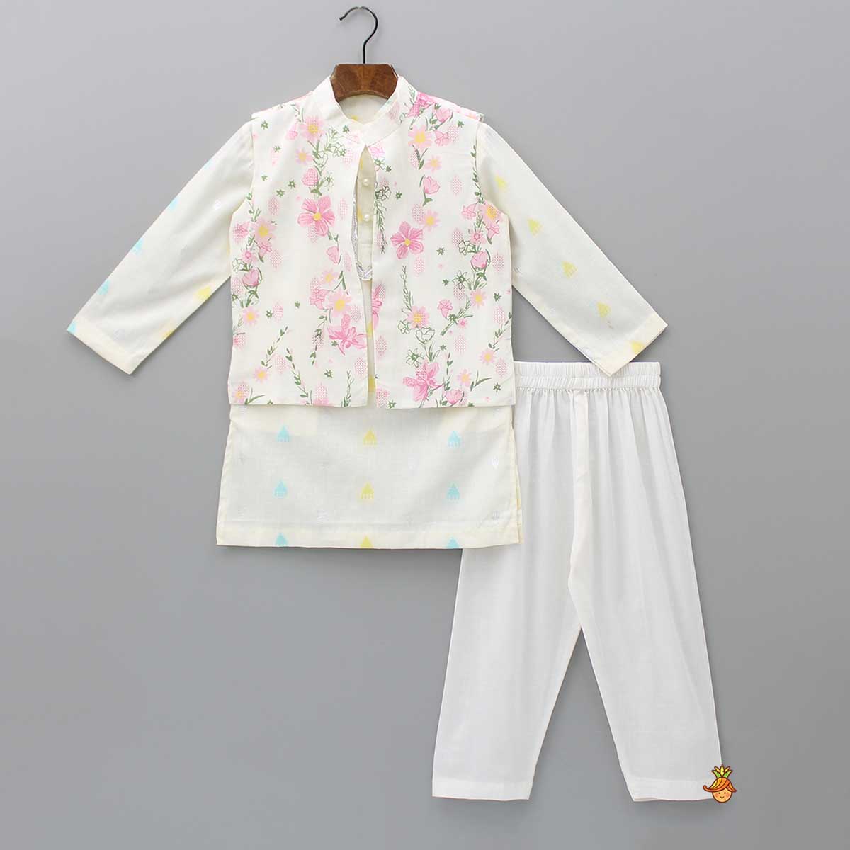 Pre Order: Ethnic Ivory Kurta And Pyjama With Floral Printed Jacket